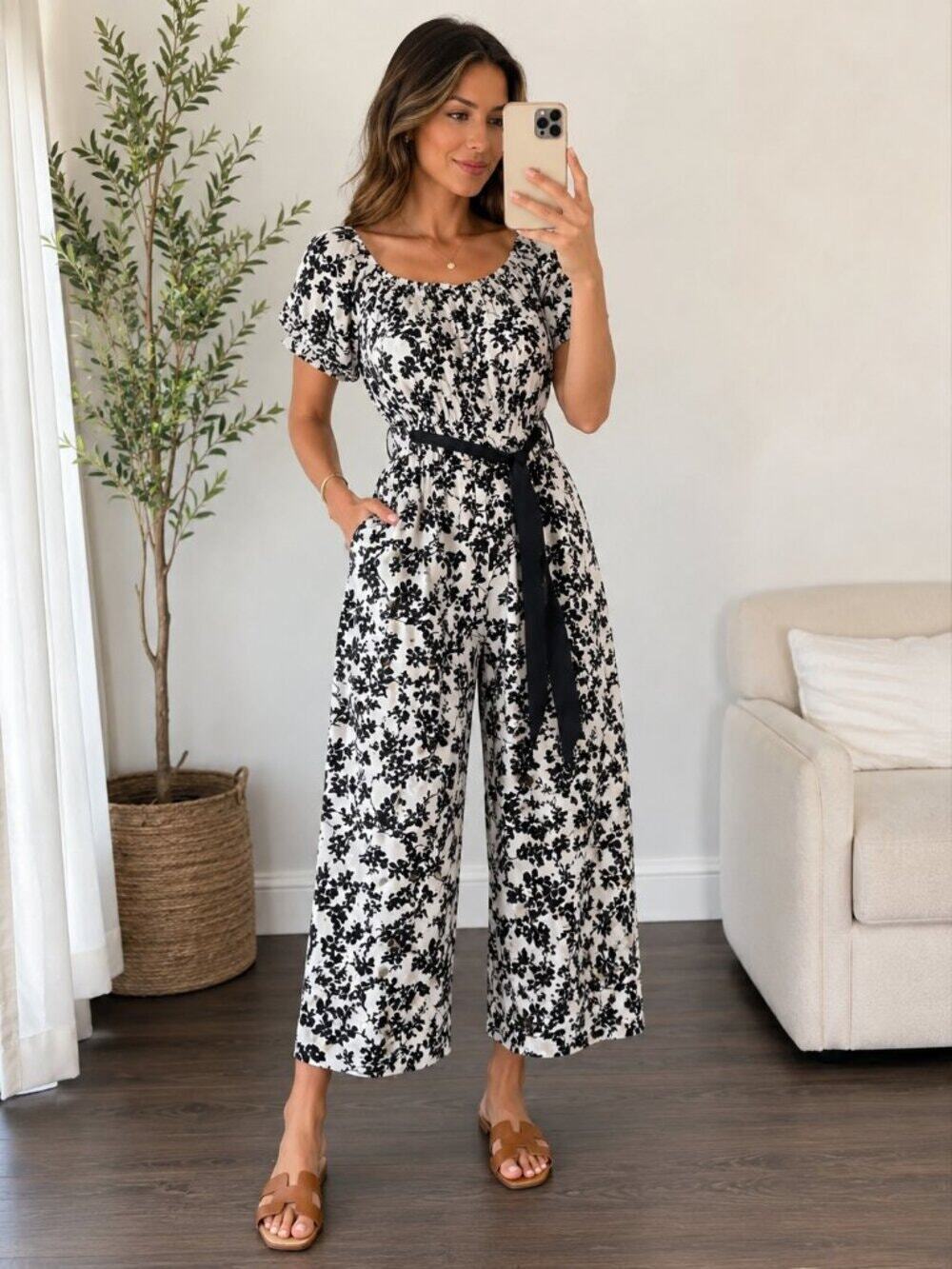 SHEIN Black White Floral Off Shoulder Wide Leg Jumpsuit w/ Belt XL